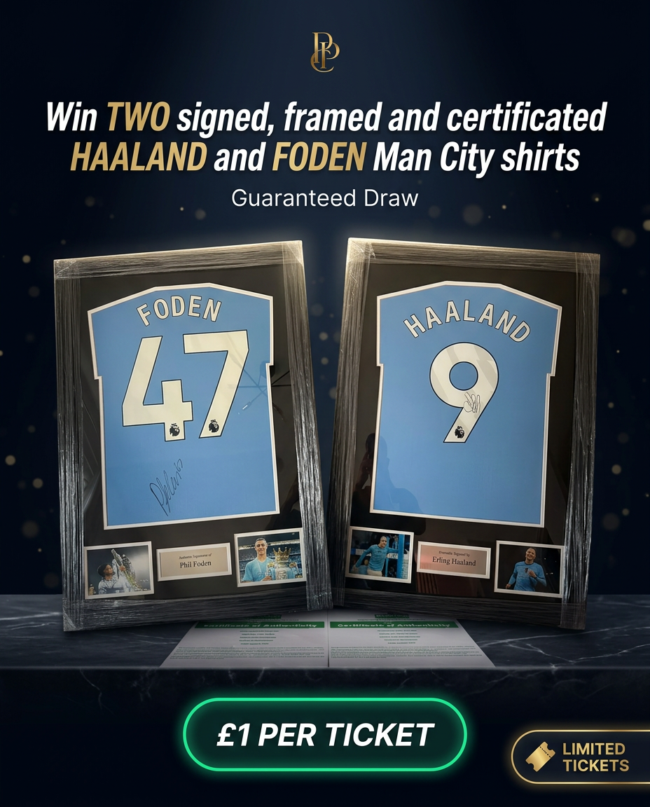 Win TWO signed and certificated Haaland and Foden Man City football shirts